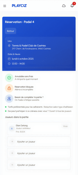 Application mobile Playciz - R\u00e9servation